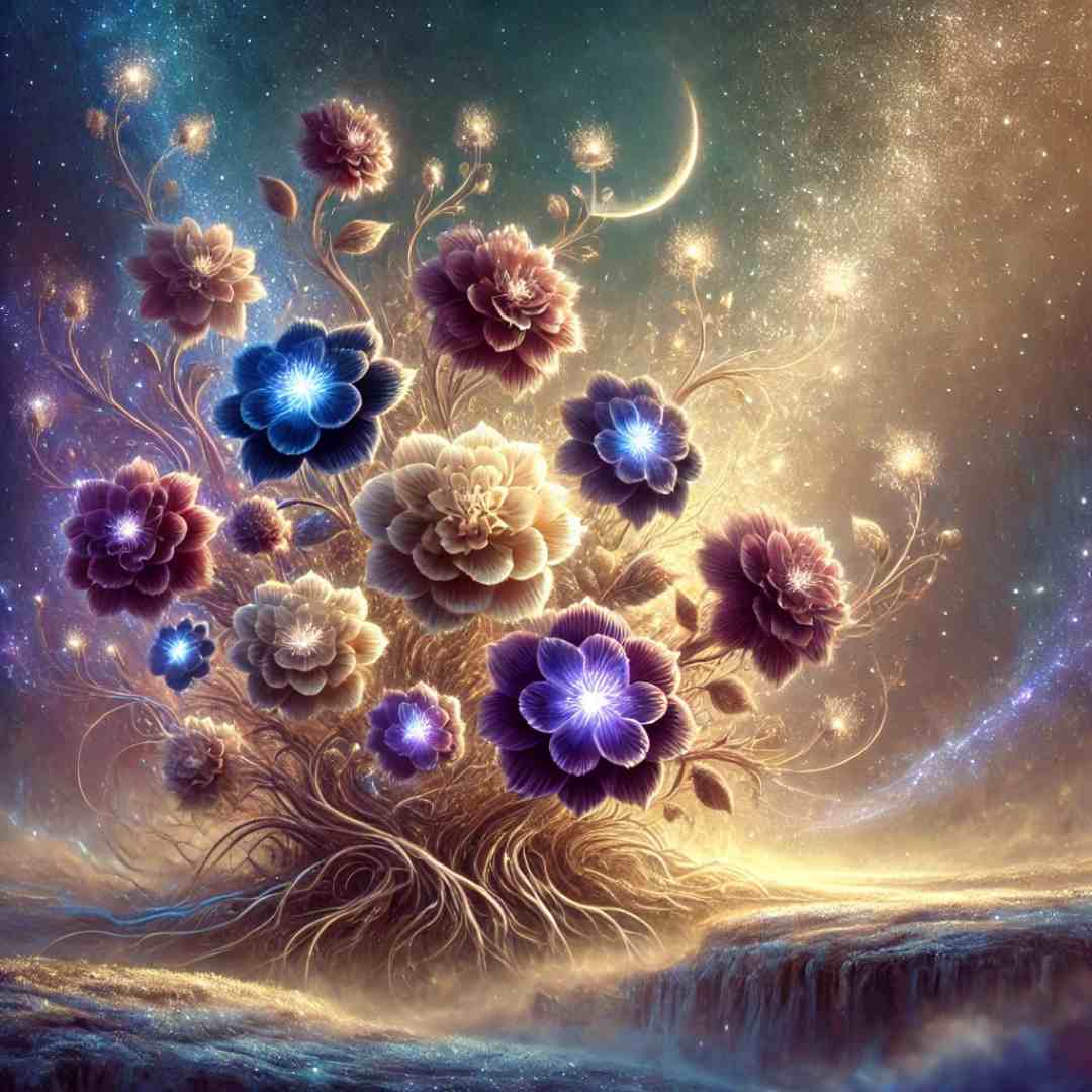 A surreal image of a fully grown cosmic floral garden that has sprouted from the moon seed. The flowers glow softly, infused with celestial energy,