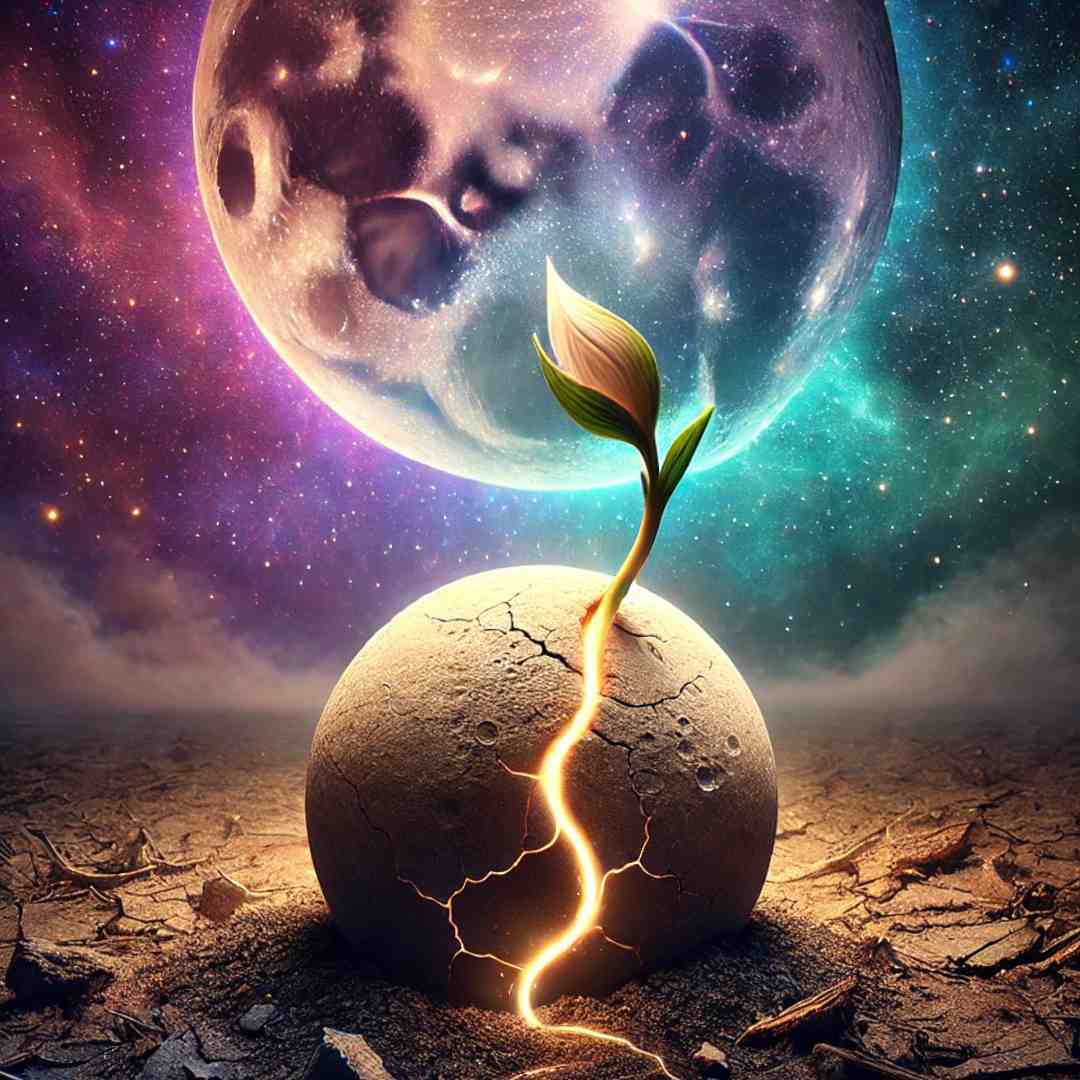 A surreal image of the moon depicted as a seed, resting in cosmic soil. The environment has a mystical feel with a color scheme of deep purple