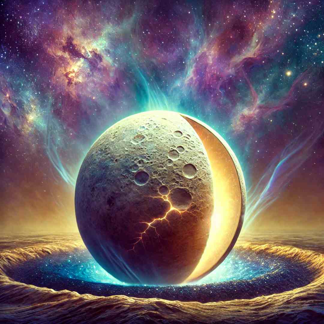 A surreal image of the moon depicted as a seed, resting in cosmic soil. The environment has a mystical feel with a color scheme of deep purple